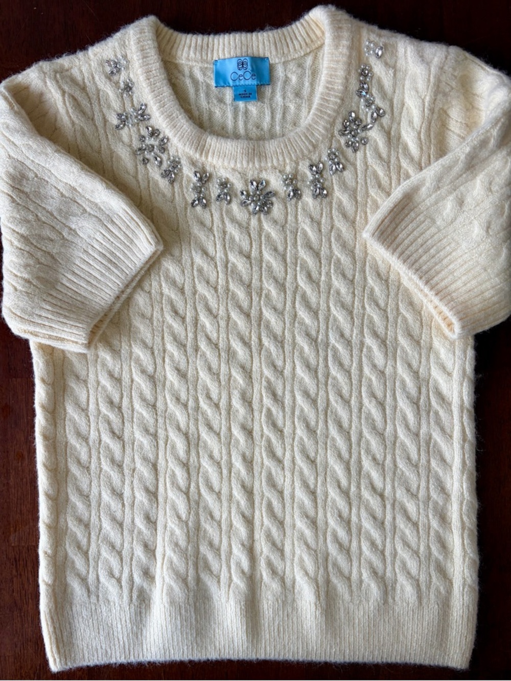 CeCe Cream Cable-Knit Short Sleeve Sweater with Jeweled Neck
